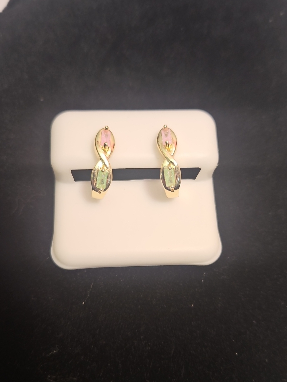 14kGold Filled Twist Hoop Earrings with Pink and Light Green Stones